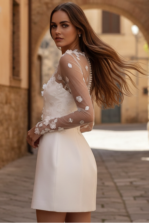 HONGIVEY Short Wedding Dress Long Sleeves Lace Applique Beach Bride Mini Skirt