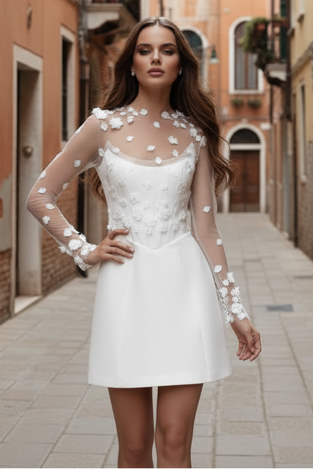HONGIVEY Short Wedding Dress Long Sleeves Lace Applique Beach Bride Mini Skirt