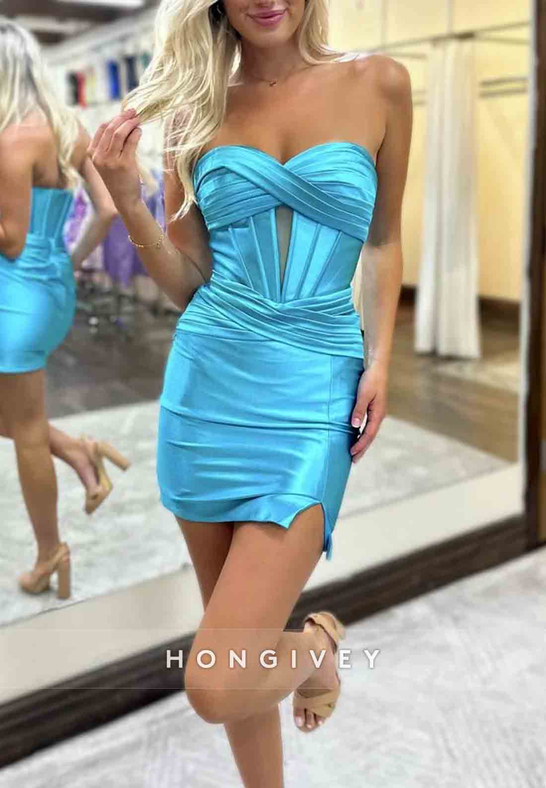 Side Slit Strapless Satin Sheath Sweetheart Pleated Mini Homecoming Dresses