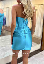 Side Slit Strapless Satin Sheath Sweetheart Pleated Mini Homecoming Dresses