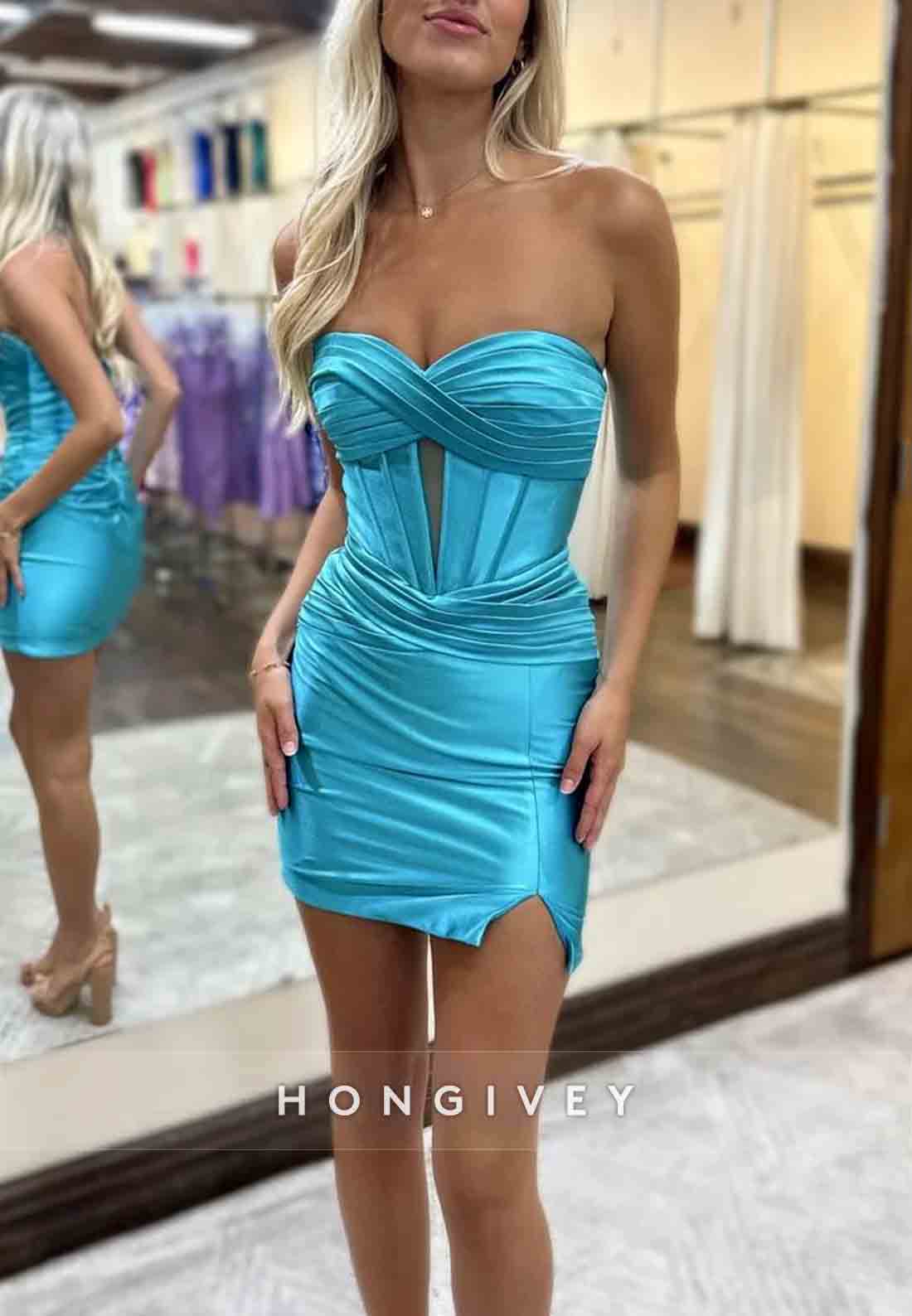 Side Slit Strapless Satin Sheath Sweetheart Pleated Mini Homecoming Dresses