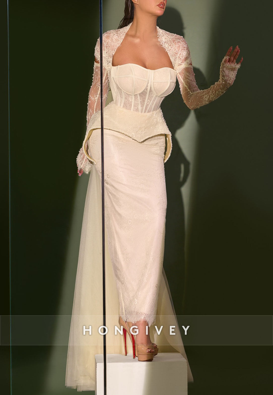 Long Sleeves Lace Sweetheart Sheath Ankle-Length Evening Gowns