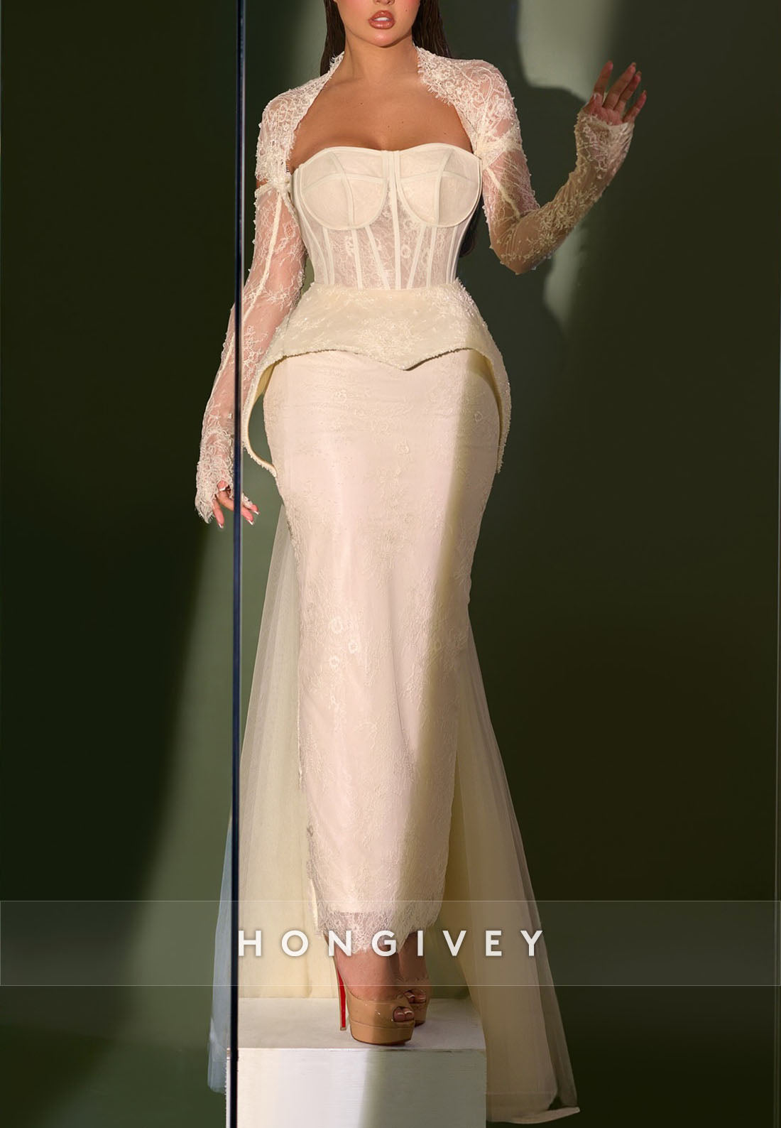 Long Sleeves Lace Sweetheart Sheath Ankle-Length Evening Gowns