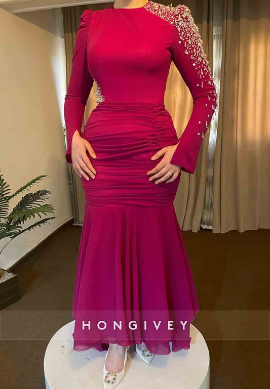 Long Sleeves Fuchsia Trumpet Beading Ankle-Length Ruched Evening Gowns