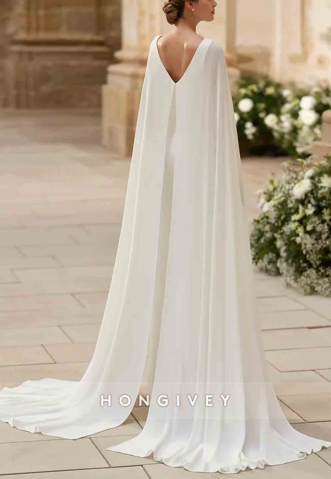 V Back Jumpsuit V-Neck Cloak Sleeveless Pleated  Wedding Dresses