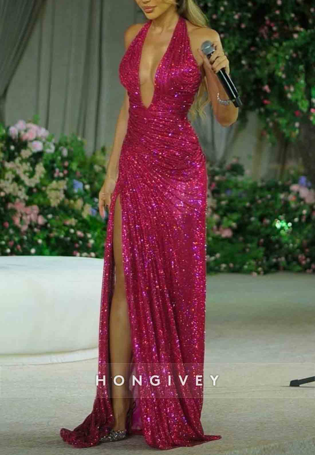 Fuchsia Glitter Low V-Neck Floor-Length High Slit Column Prom Dresses