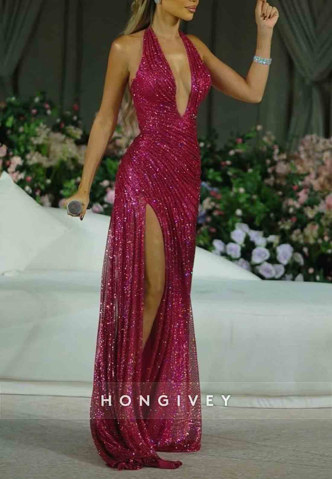 Fuchsia Glitter Low V-Neck Floor-Length High Slit Column Prom Dresses