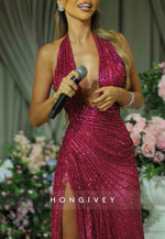 Fuchsia Glitter Low V-Neck Floor-Length High Slit Column Prom Dresses