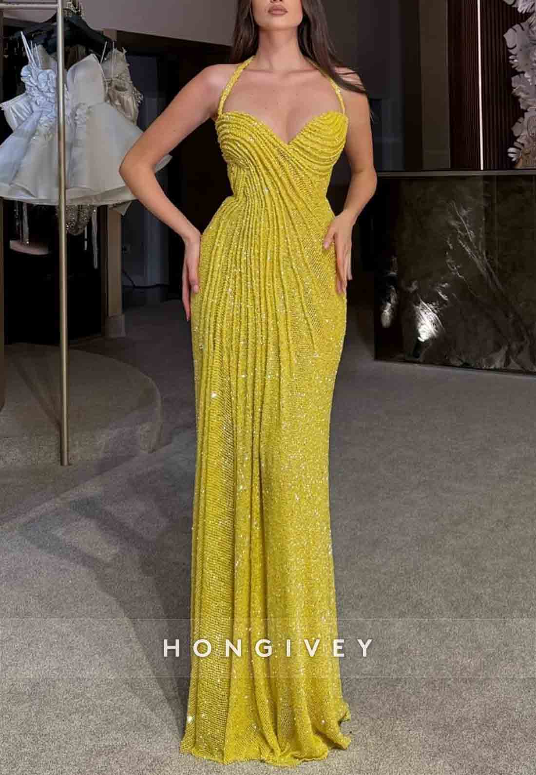 Elegant Glitter Halter Sleeveless Sweetheart Floor-Length Prom Dresses with Ruffles