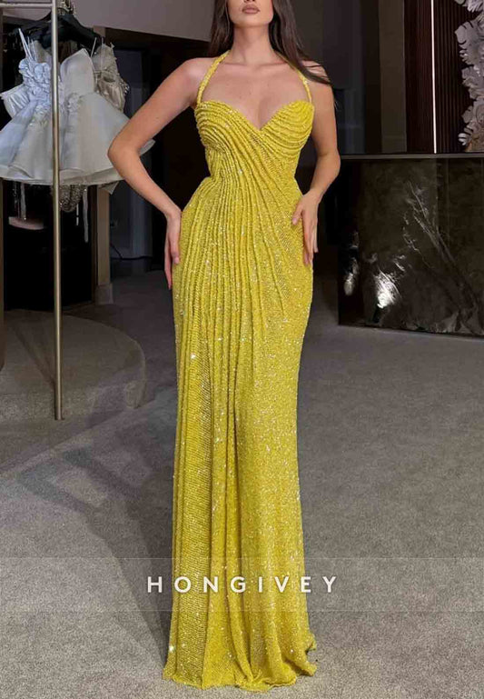 Elegant Glitter Halter Sleeveless Sweetheart Floor-Length Prom Dresses with Ruffles