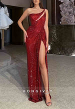 One Shoulder Burgundy Column Floor-Lengh Glitter High Slit Prom Dresses