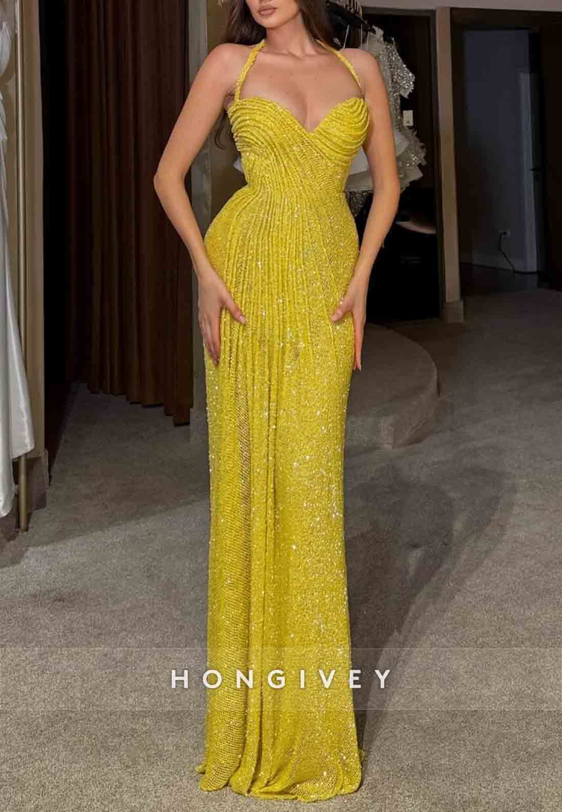 Elegant Glitter Halter Sleeveless Sweetheart Floor-Length Prom Dresses with Ruffles