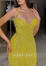 Elegant Glitter Halter Sleeveless Sweetheart Floor-Length Prom Dresses with Ruffles