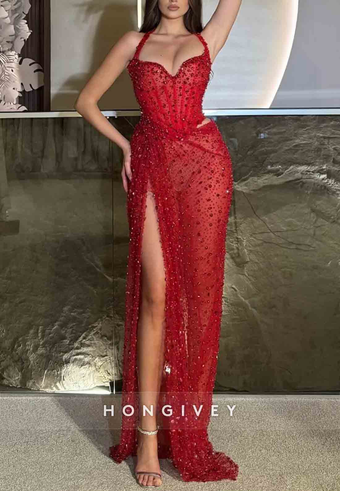 Halter Sleeveless High Slit Pleated Floor-Length Red Prom Dresses with Rhinestone