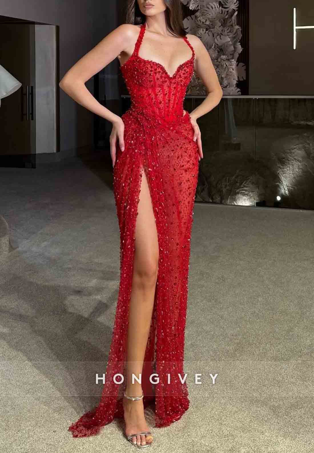 Halter Sleeveless High Slit Pleated Floor-Length Red Prom Dresses with Rhinestone
