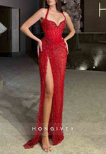 Halter Sleeveless High Slit Pleated Floor-Length Red Prom Dresses with Rhinestone