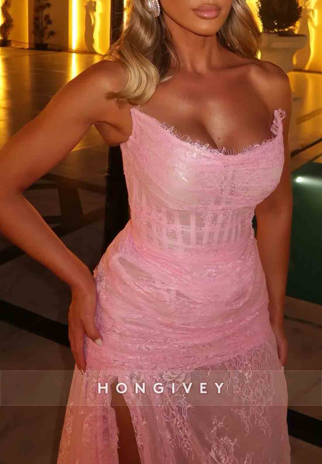 Pink Strapless Burgundy Lace Floor-Lengh A-Line High Slit Prom Dresses