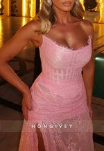 Pink Strapless Burgundy Lace Floor-Lengh A-Line High Slit Prom Dresses