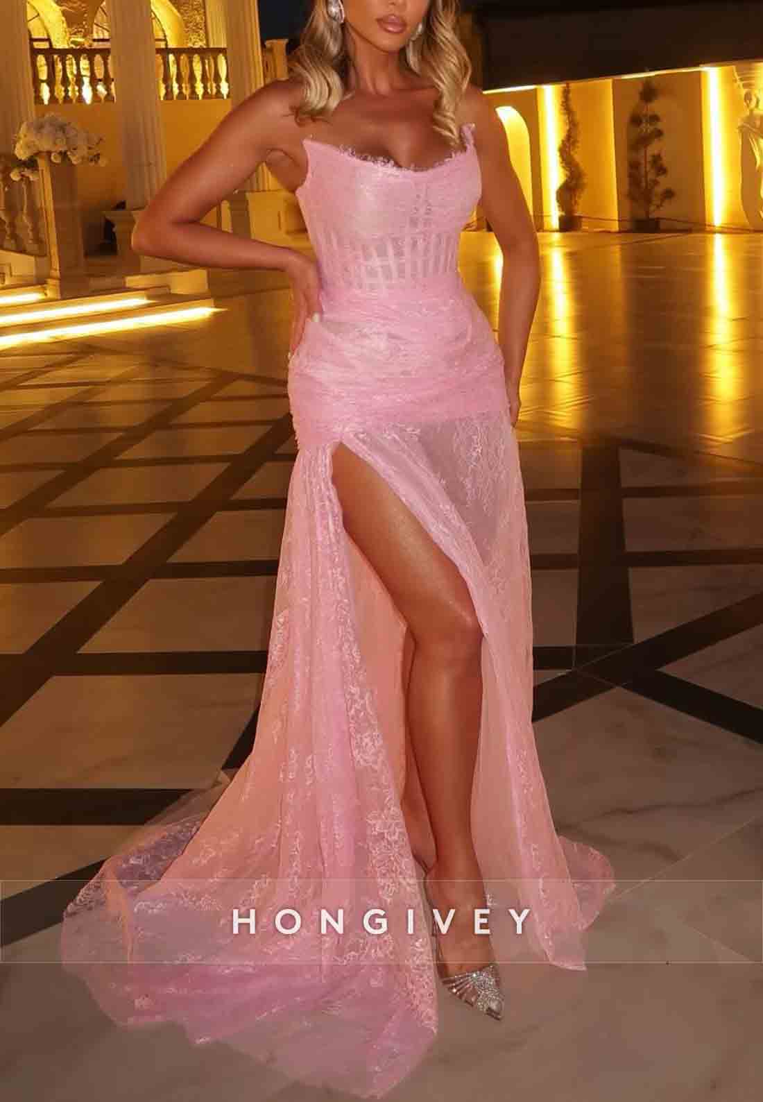 Pink Strapless Burgundy Lace Floor-Lengh A-Line High Slit Prom Dresses