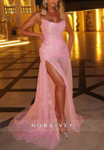 Pink Strapless Burgundy Lace Floor-Lengh A-Line High Slit Prom Dresses