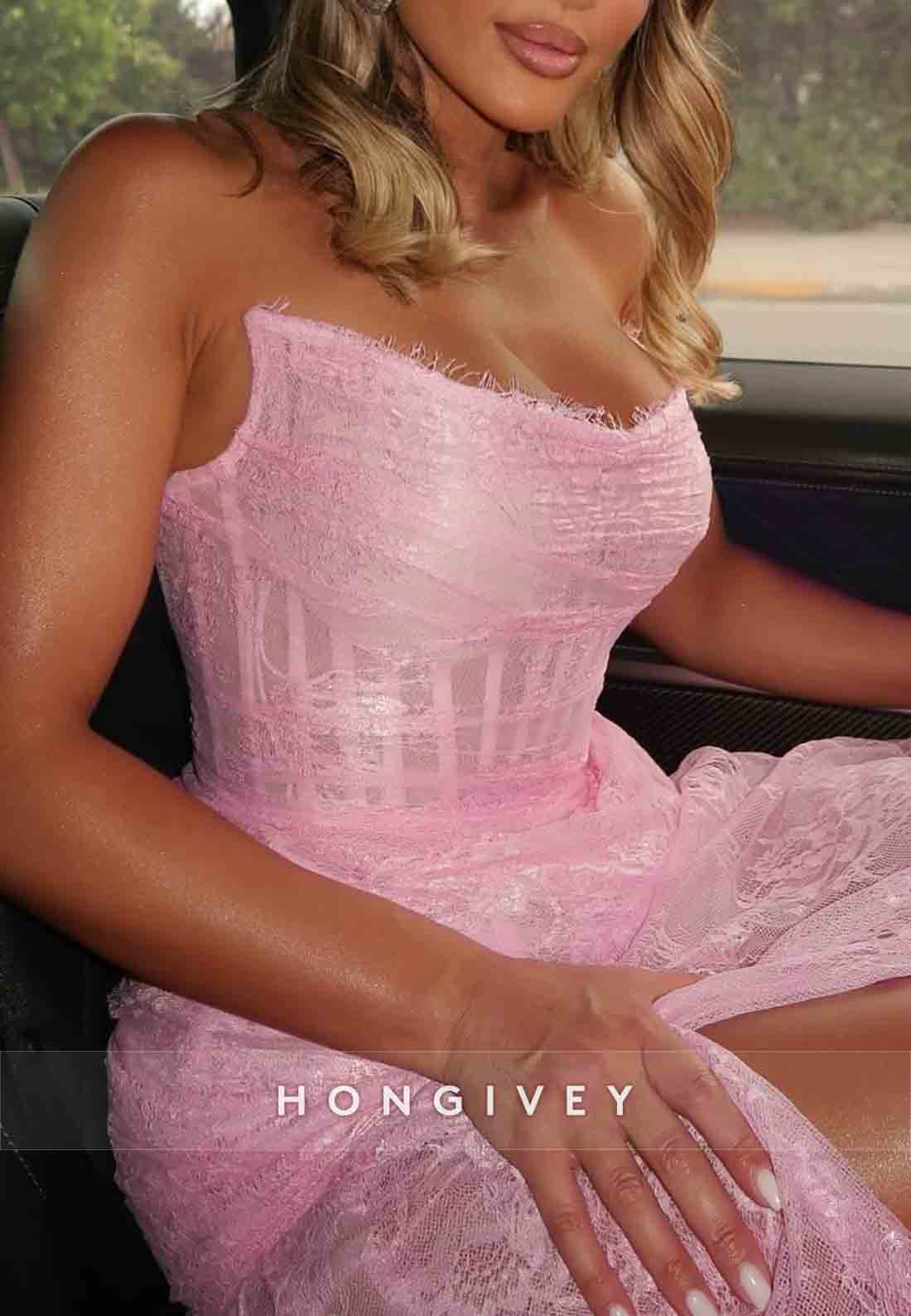 Pink Strapless Burgundy Lace Floor-Lengh A-Line High Slit Prom Dresses