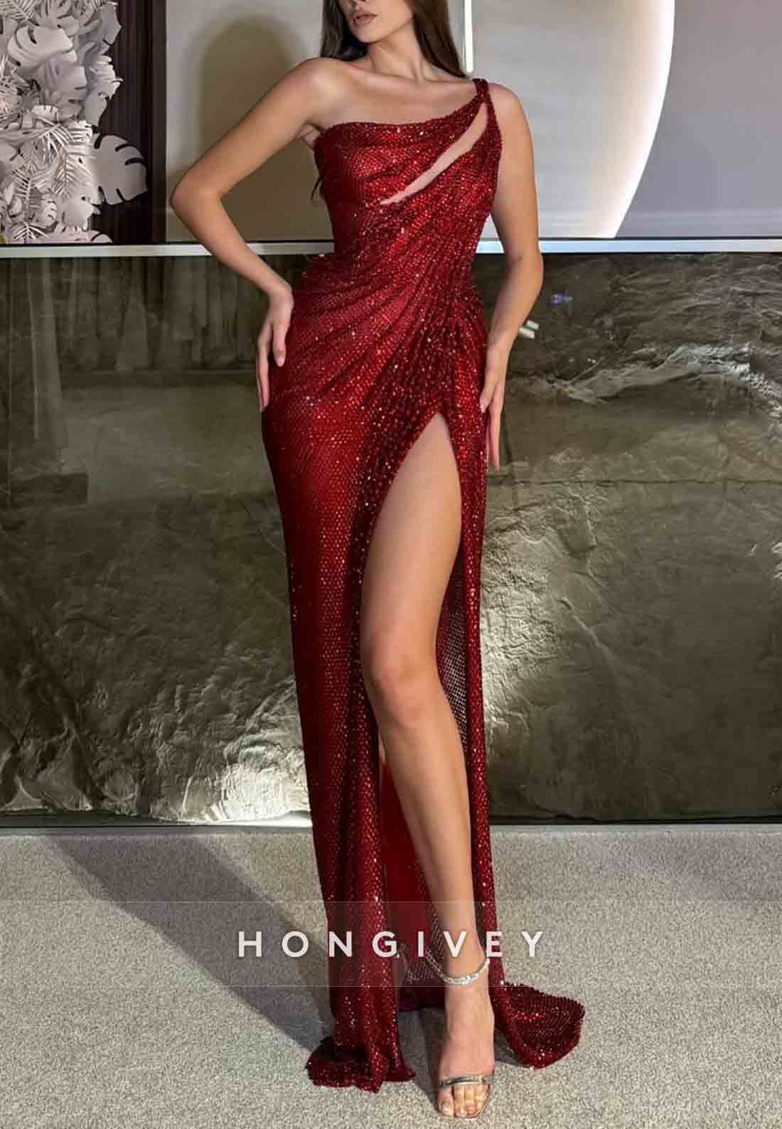 One Shoulder Burgundy Column Floor-Lengh Glitter High Slit Prom Dresses