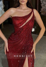 One Shoulder Burgundy Column Floor-Lengh Glitter High Slit Prom Dresses