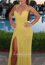 Halter Glitter Yellow Sweetheart Pleated Sleeveless Column Floor-Length Prom Dresses