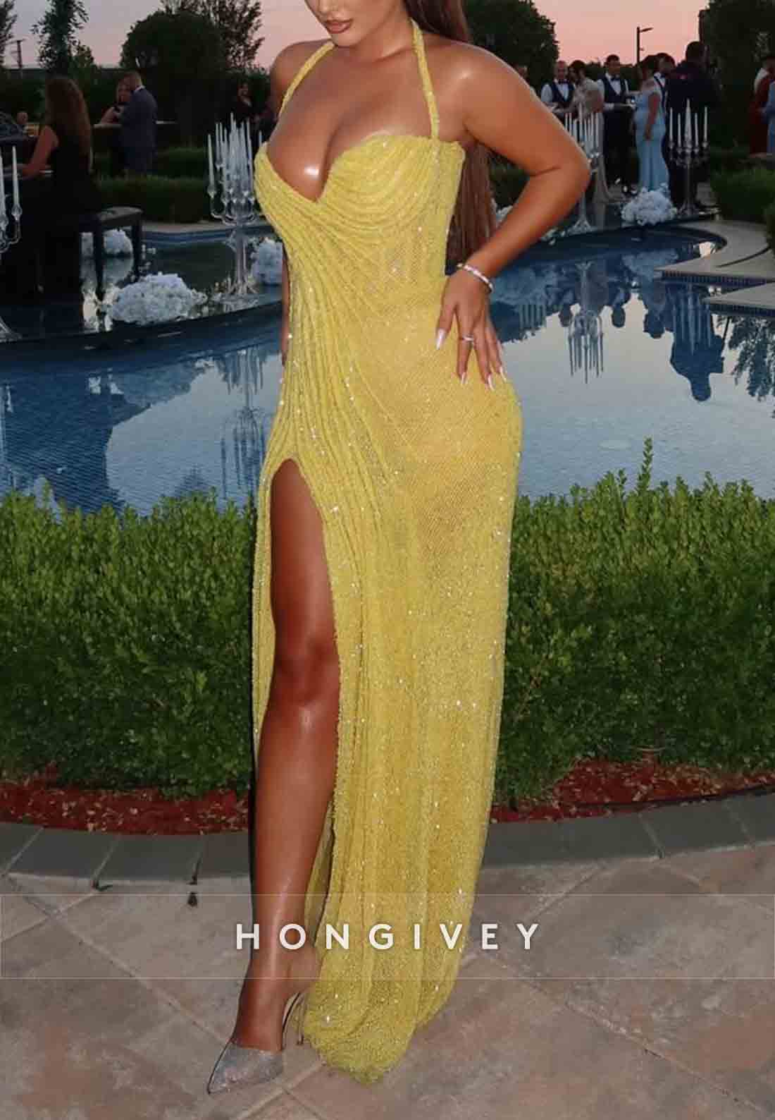 Halter Glitter Yellow Sweetheart Pleated Sleeveless Column Floor-Length Prom Dresses