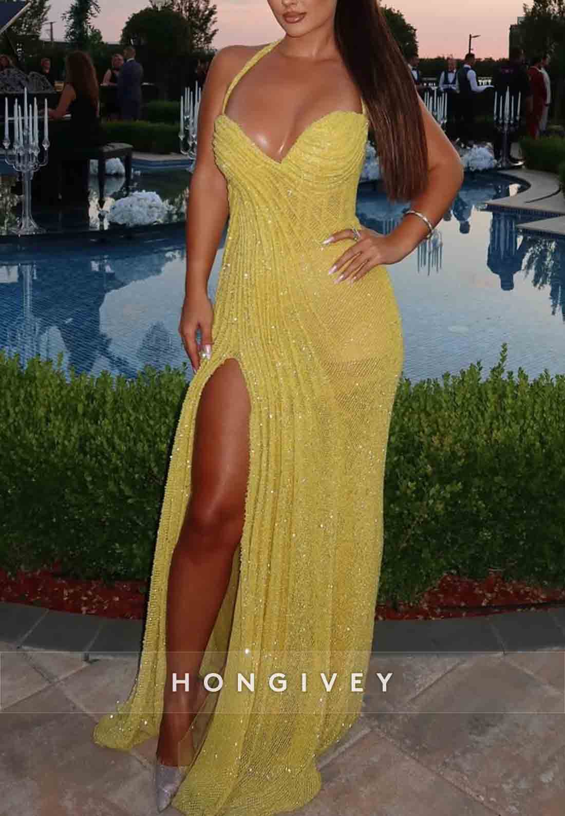 Halter Glitter Yellow Sweetheart Pleated Sleeveless Column Floor-Length Prom Dresses