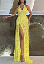 Halter V-Neck Yellow Lace Column Floor-Length Side Slit Prom Dresses