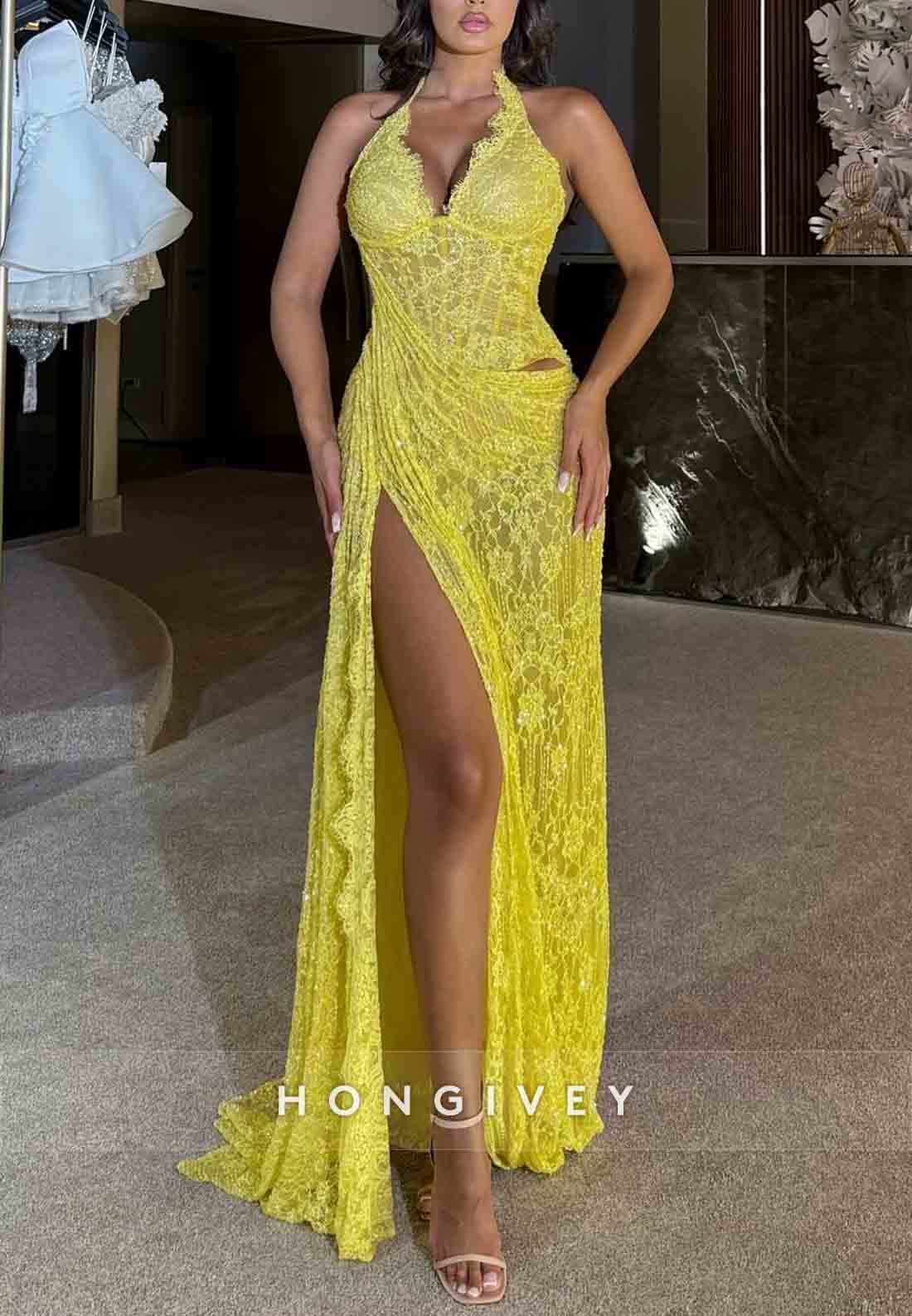 Halter V-Neck Yellow Lace Column Floor-Length Side Slit Prom Dresses