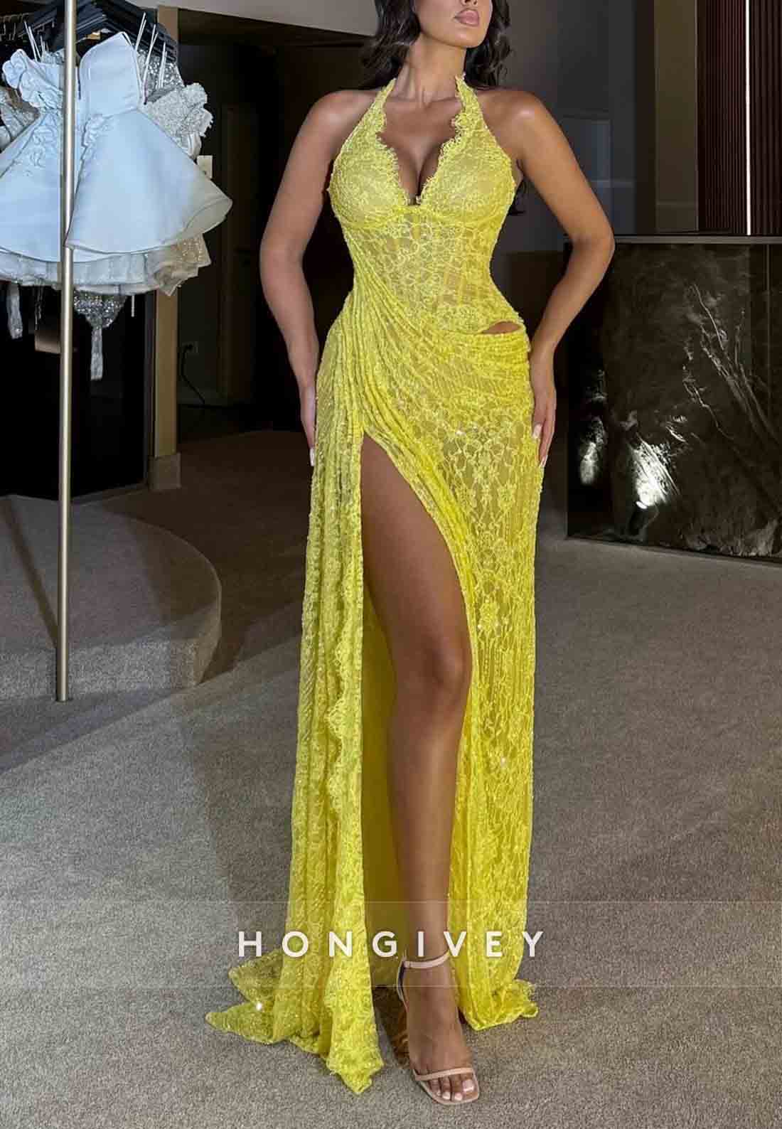 Halter V-Neck Yellow Lace Column Floor-Length Side Slit Prom Dresses