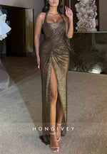 Halter Pleated Olive Sleeveless Column Floor-Length Side Slit Prom Dresses