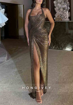 Halter Pleated Olive Sleeveless Column Floor-Length Side Slit Prom Dresses