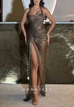 Halter Pleated Olive Sleeveless Column Floor-Length Side Slit Prom Dresses