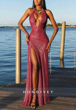 Fuchsia Glitter Low V-Neck Floor-Length High Slit Column Prom Dresses