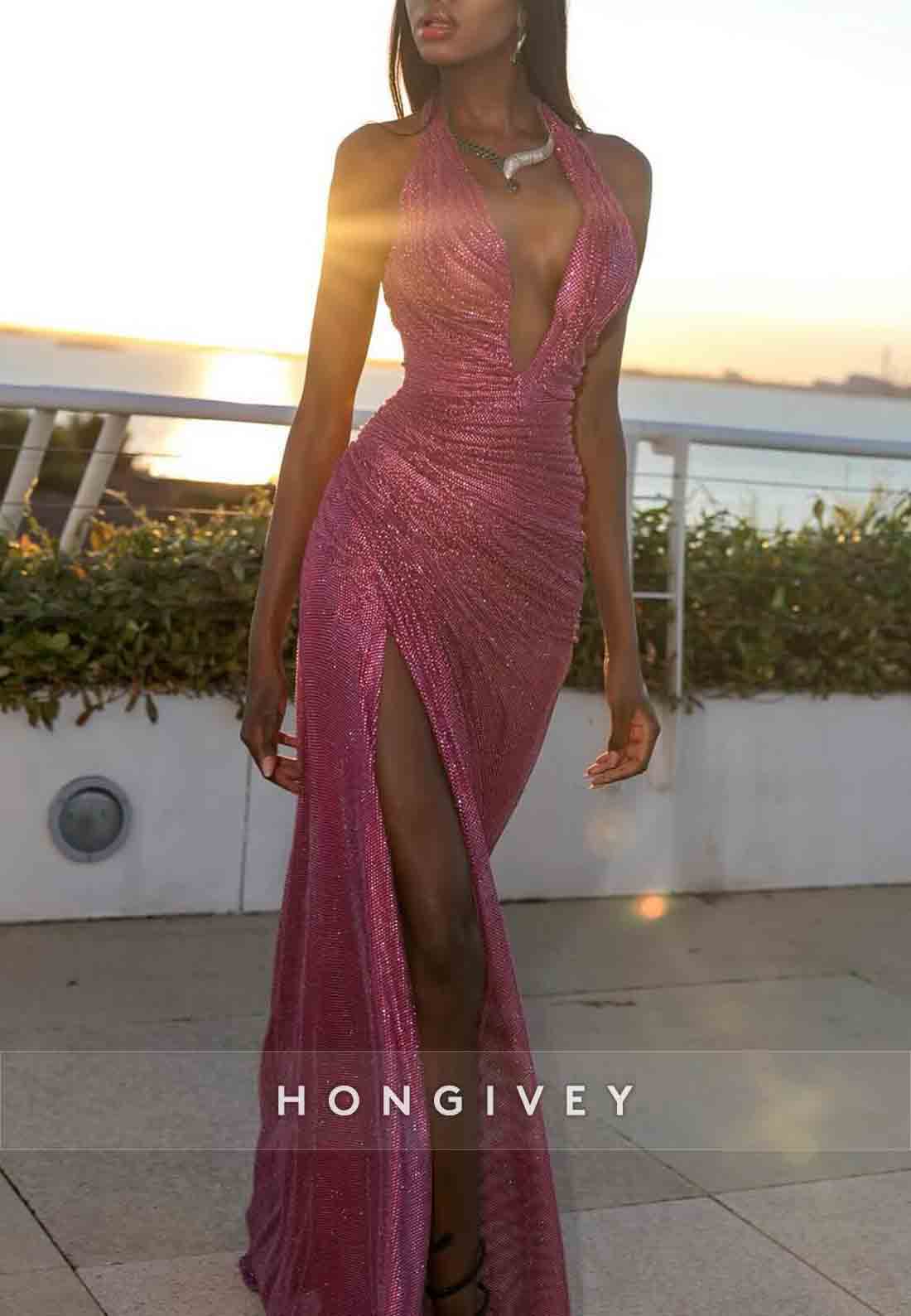 Fuchsia Glitter Low V-Neck Floor-Length High Slit Column Prom Dresses