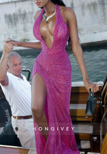 Fuchsia Glitter Low V-Neck Floor-Length High Slit Column Prom Dresses