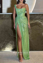 Green Glitter One Shoulder Floor-Length High Slit Column Prom Dresses