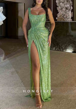 Green Glitter One Shoulder Floor-Length High Slit Column Prom Dresses