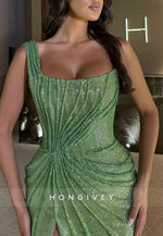 Green Glitter One Shoulder Floor-Length High Slit Column Prom Dresses