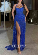 Halter Neck Royal Blue Floor-Length High Slit Column Prom Dresses with Rhinestone
