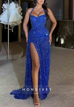Halter Neck Royal Blue Floor-Length High Slit Column Prom Dresses with Rhinestone