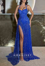 Halter Neck Royal Blue Floor-Length High Slit Column Prom Dresses with Rhinestone