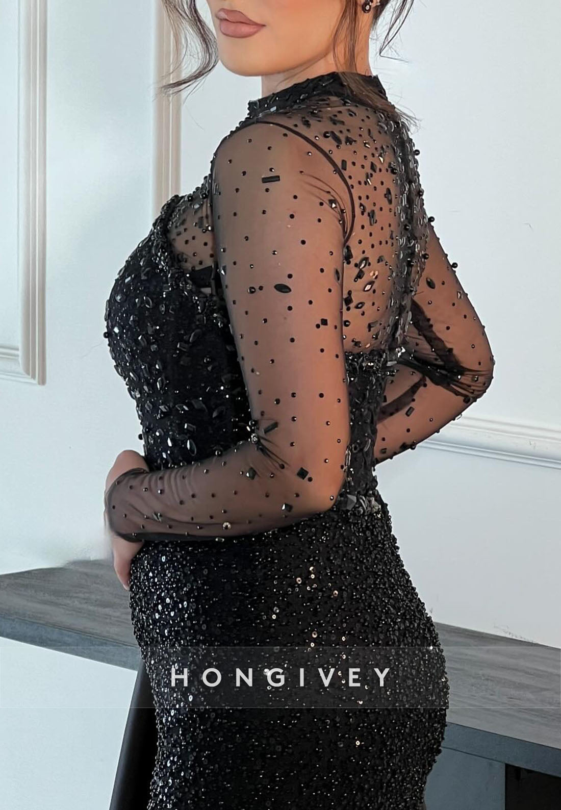 Illusion Neck Long Sleeves Column Side Draping Evening Gowns with Beading