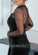 Illusion Neck Long Sleeves Column Side Draping Evening Gowns with Beading