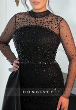 Illusion Neck Long Sleeves Column Side Draping Evening Gowns with Beading