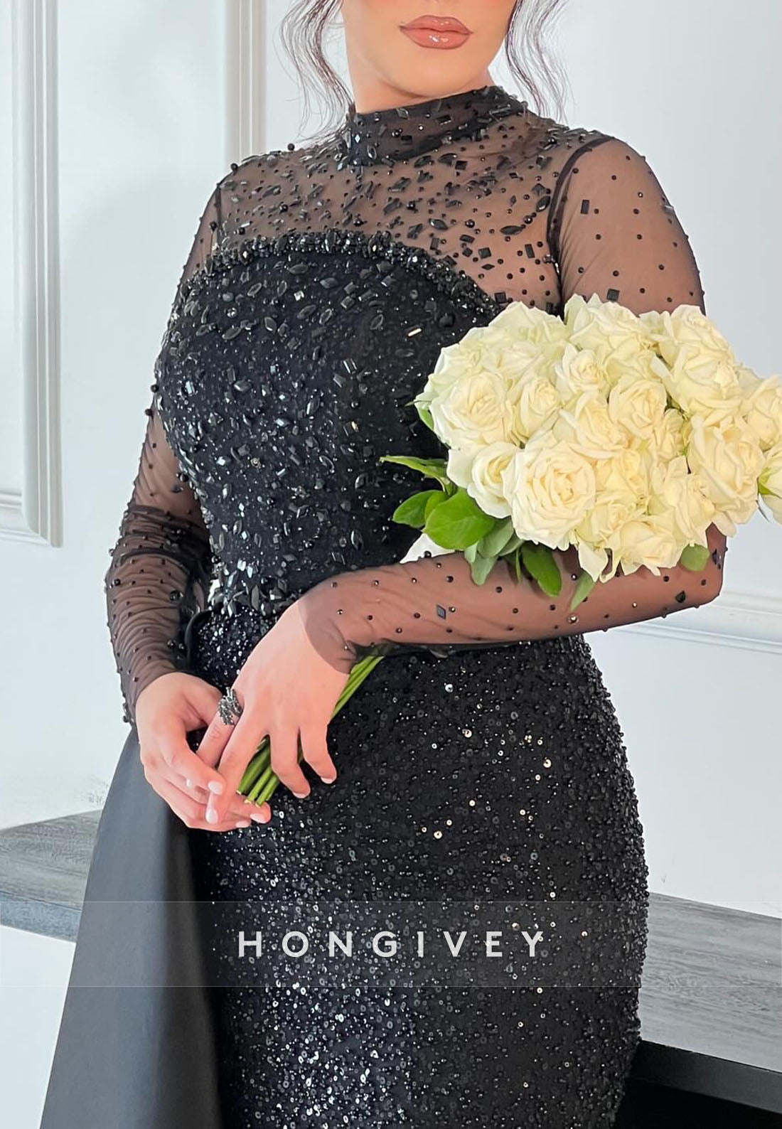 Illusion Neck Long Sleeves Column Side Draping Evening Gowns with Beading