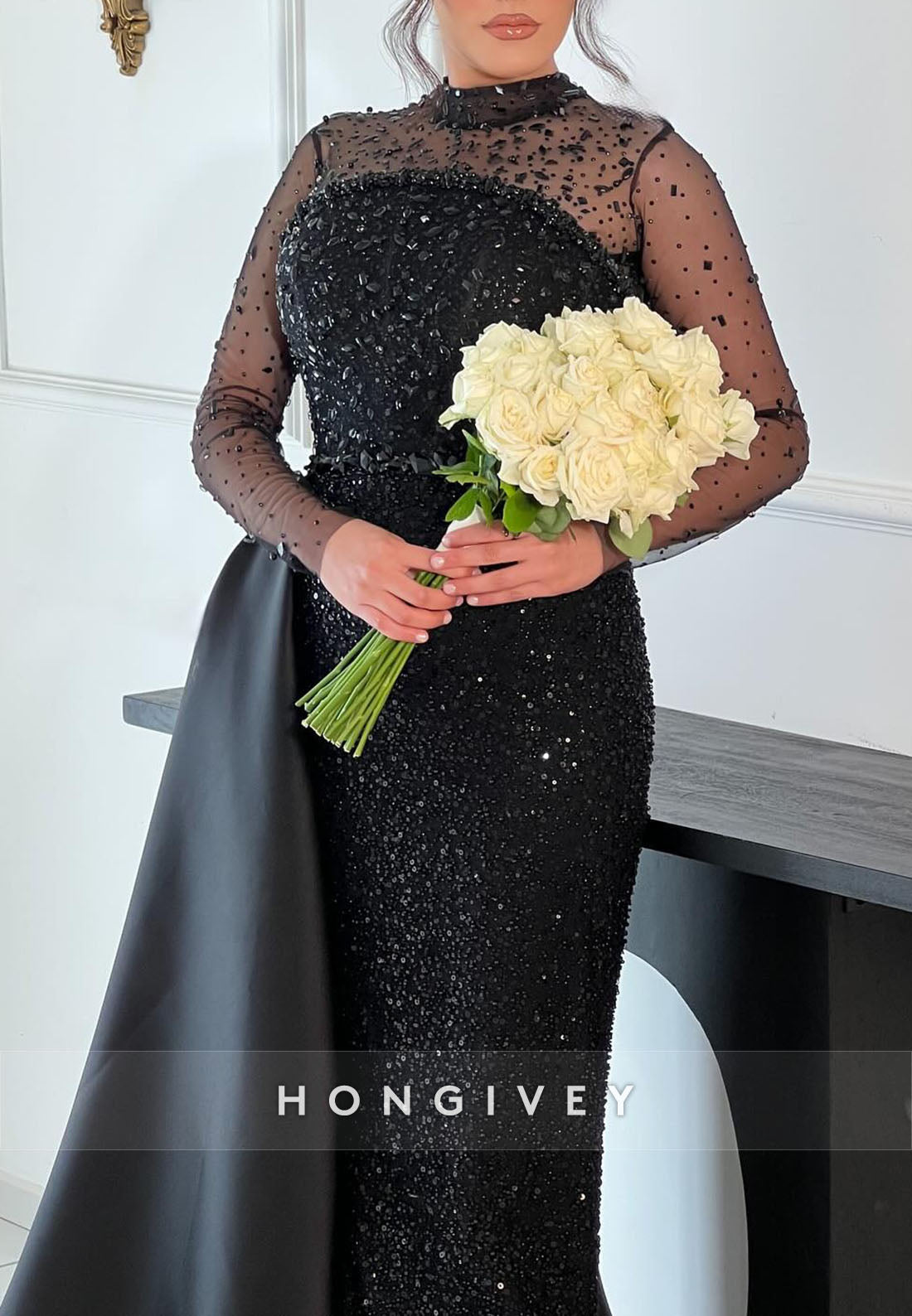 Illusion Neck Long Sleeves Column Side Draping Evening Gowns with Beading